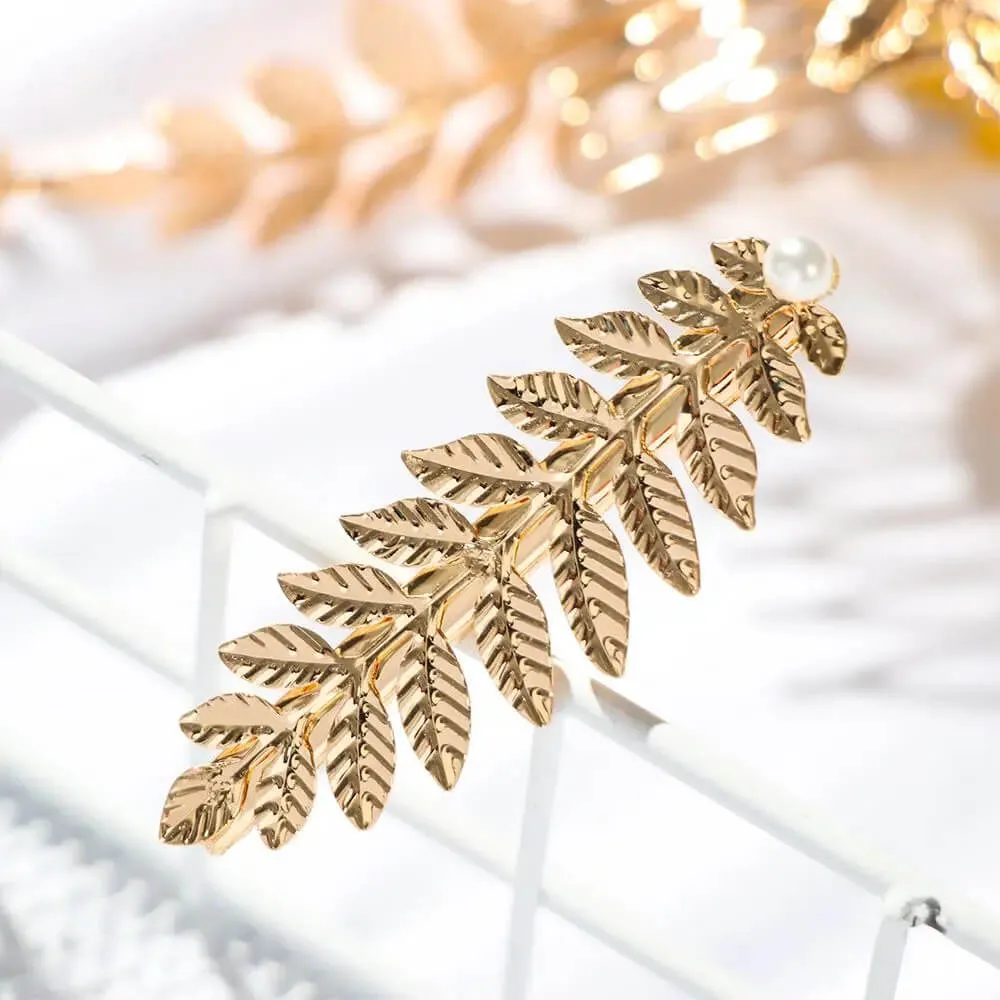 Bridal Golden Leaves Hairpin Brooch With Simulated Pearl