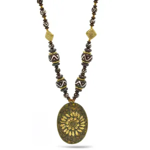 Brown & Gold Beads With Oval Gold Pendant Necklace #FWNK-2202-104