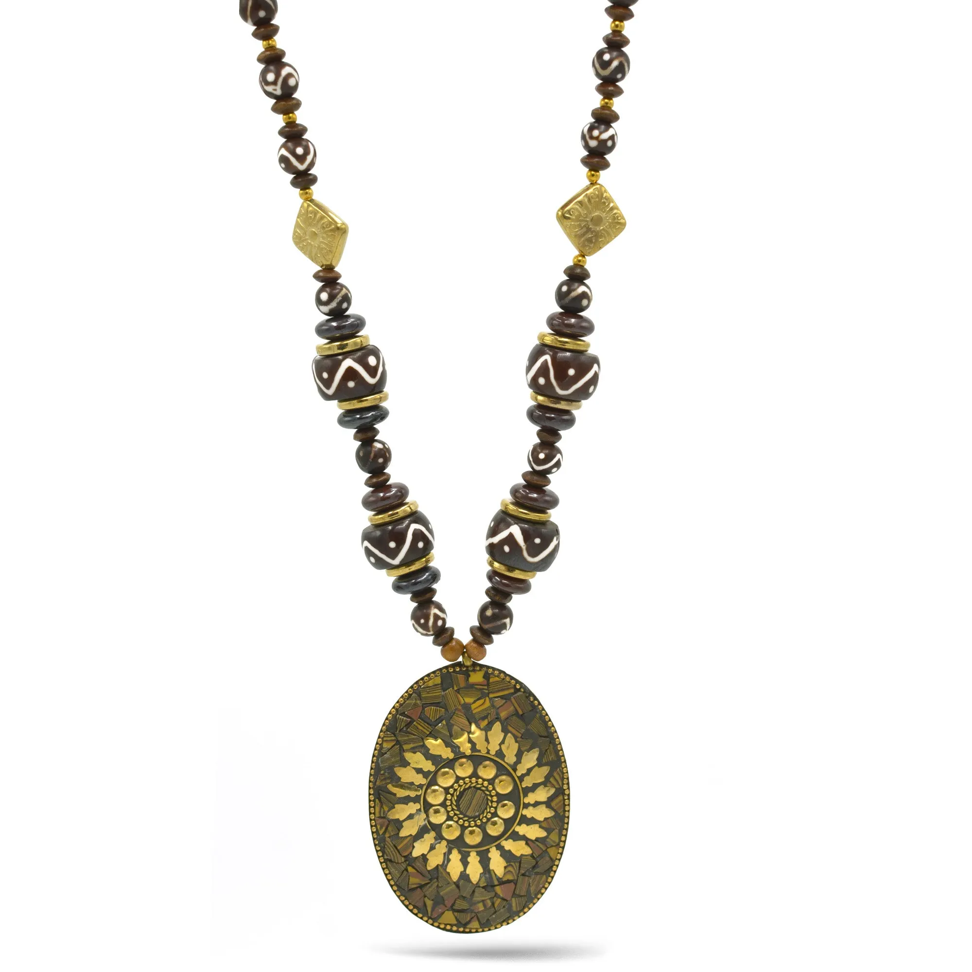 Brown & Gold Beads With Oval Gold Pendant Necklace #FWNK-2202-104