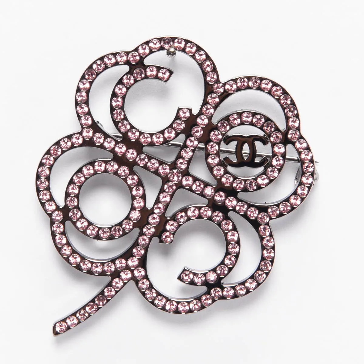 Chanel Pink Crystal CC Clover Brooch