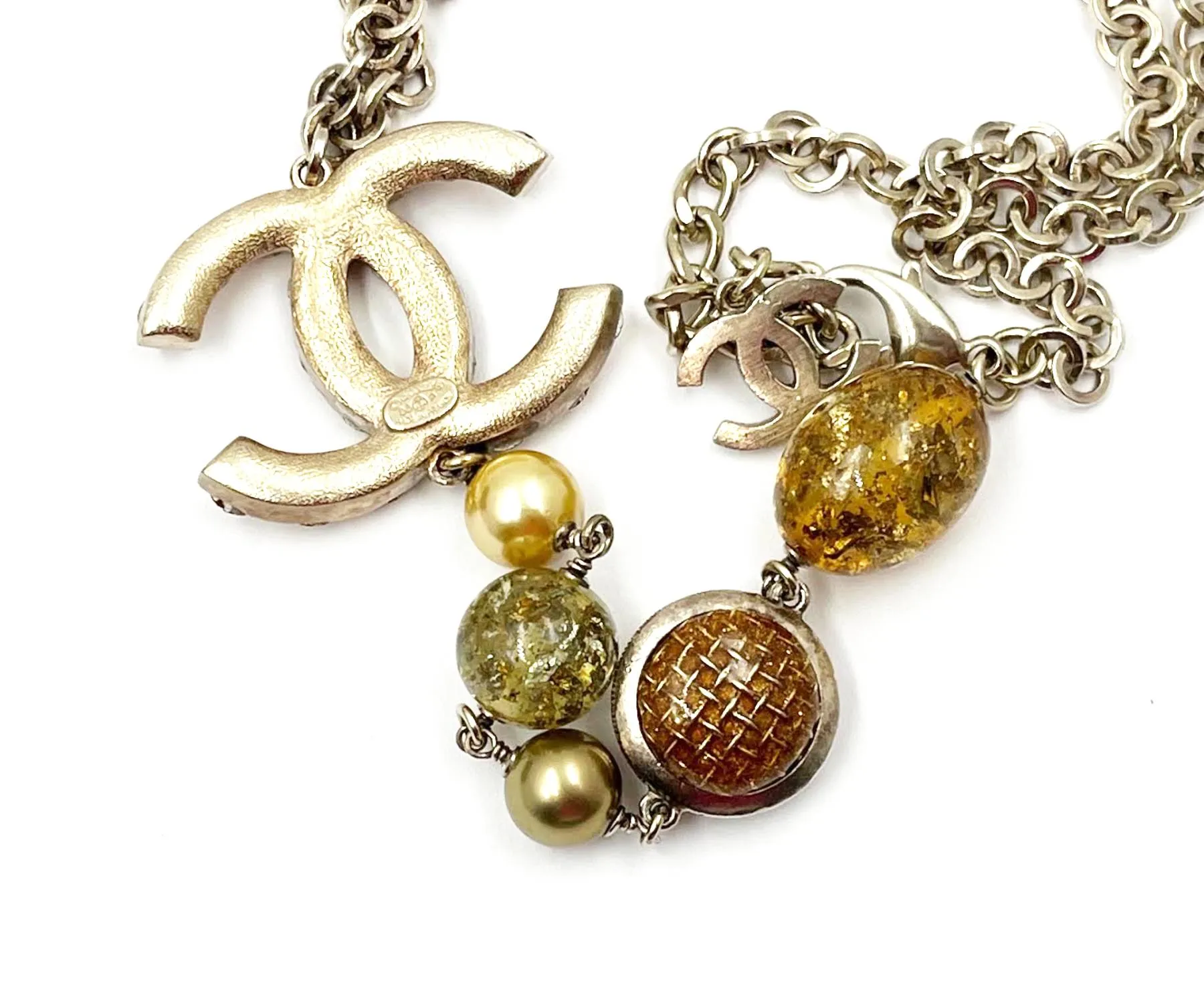 CHANEL Rare Gold CC Shiny Gold Crystal Pearl Bead Long Dangle Pendant Necklace