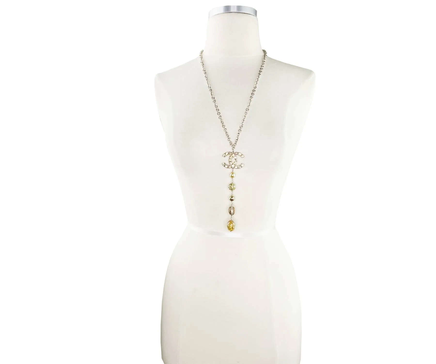 CHANEL Rare Gold CC Shiny Gold Crystal Pearl Bead Long Dangle Pendant Necklace