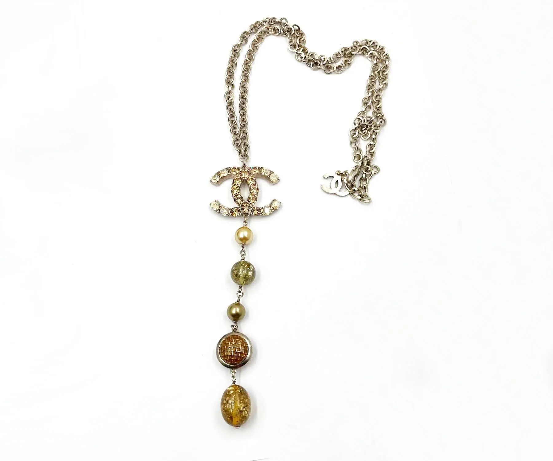 CHANEL Rare Gold CC Shiny Gold Crystal Pearl Bead Long Dangle Pendant Necklace