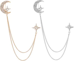 CHGCRAFT 2Pcs 2 Colors 171mm Tone Crystal Star and Moon Brooch Pin with Chain Rhinestone Lapel Pin for Suit Corsage Pin Valentines Day Jewelry Gifts Clothing Accessories, Platinum and Golden