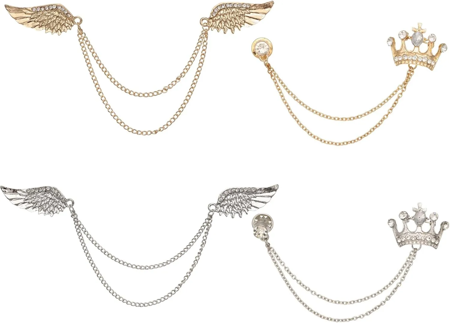CHGCRAFT 4 Pcs 4 Style Wings Collar Chain Brooch Crown Hanging Chain Brooches with Rhinestone Alloy Brooches Pin Safety Pins for Collar Sweater Jacket Clothing Decoration