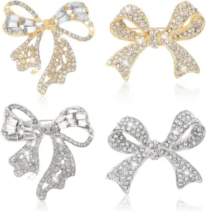 CHGCRAFT 4pcs 4 Styles Elegant Crystal Bow Brooch Pin Bowknot Zinc Alloy Rhinestone Brooches for Backpack Clothes Decorations Party Anniversary Accessories, Platinum and Golden, 1.2x1.4inch
