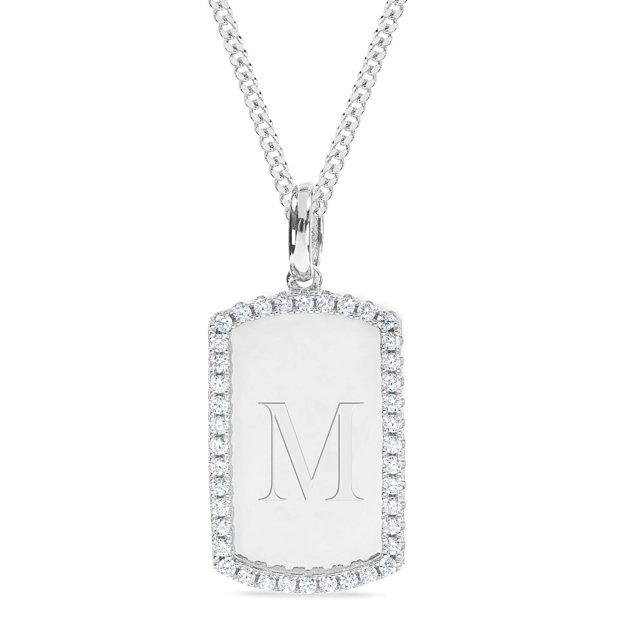 CZ Initial Dog Tag Pendant Necklace
