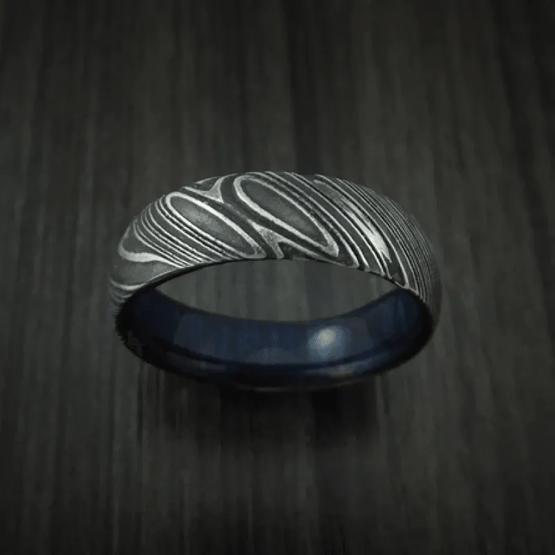 Damascus Steel Men's Ring With Purple Hard Wood Sleeve