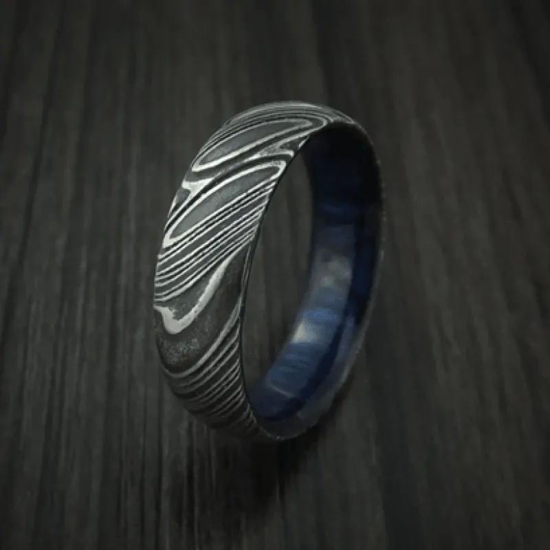 Damascus Steel Men's Ring With Purple Hard Wood Sleeve