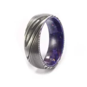 Damascus Steel Men's Ring With Purple Hard Wood Sleeve