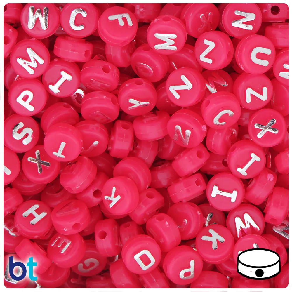 Dark Pink Opaque 10mm Coin Alpha Beads - Silver Letter Mix (144pcs)