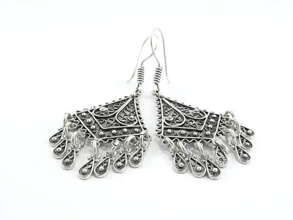 Diamond Fan Shaped Telkari Dangly Silver Ethnic Boho Earrings - Authentic Turkish Style