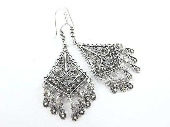 Diamond Fan Shaped Telkari Dangly Silver Ethnic Boho Earrings - Authentic Turkish Style