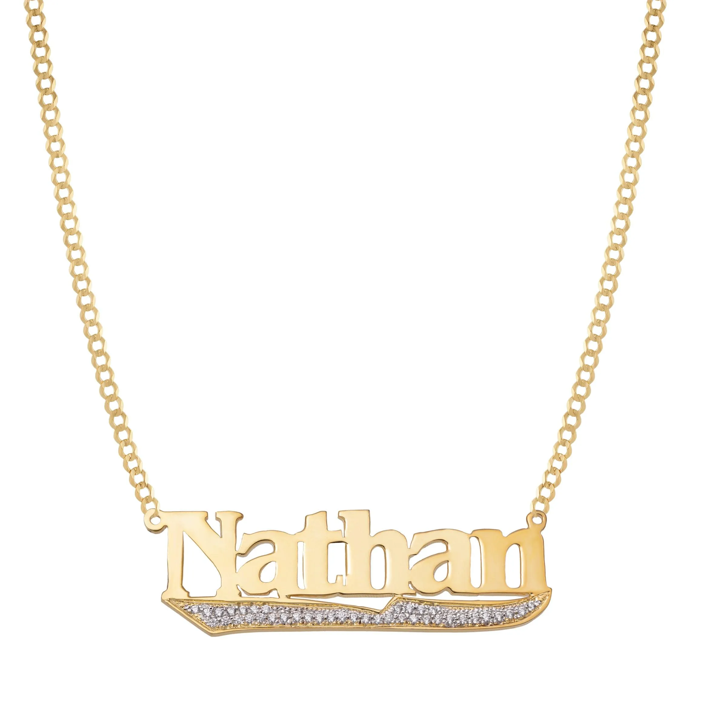 Diamond Script Name Plate Necklace 14K Gold - Style 162