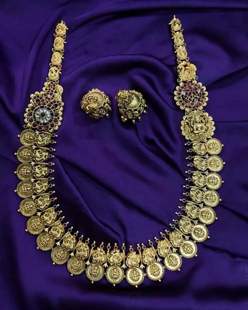 Elegant Gold Plated Kemp Stone Temple Long Haram With Earrings JH1554