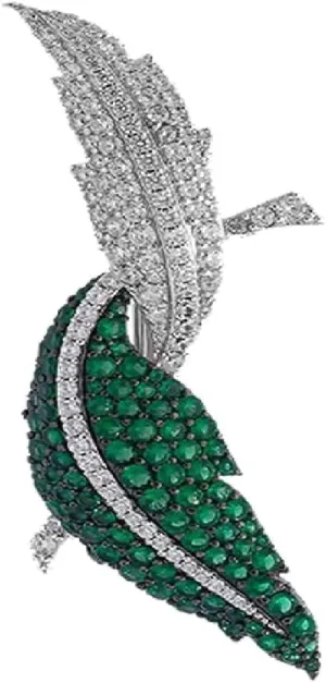 Elegant Leaf Brooch Pin, Green Emerald and Clear Crystal Stones, Silver Tone, 2.36 inch