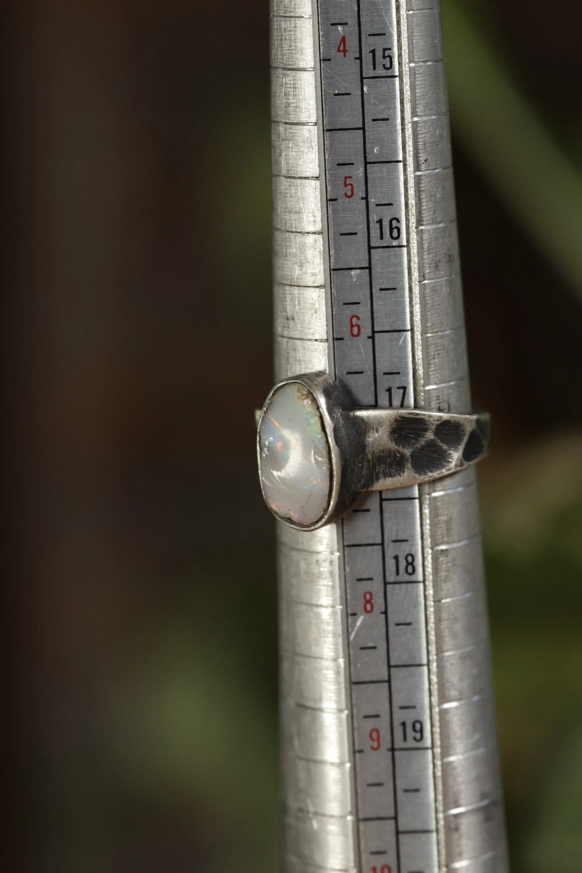 Enchanted Spectrum: Sterling Silver Ring with Australian Lightning Ridge Gem Opal - Textured & Oxidised - Size 7 - NO/01