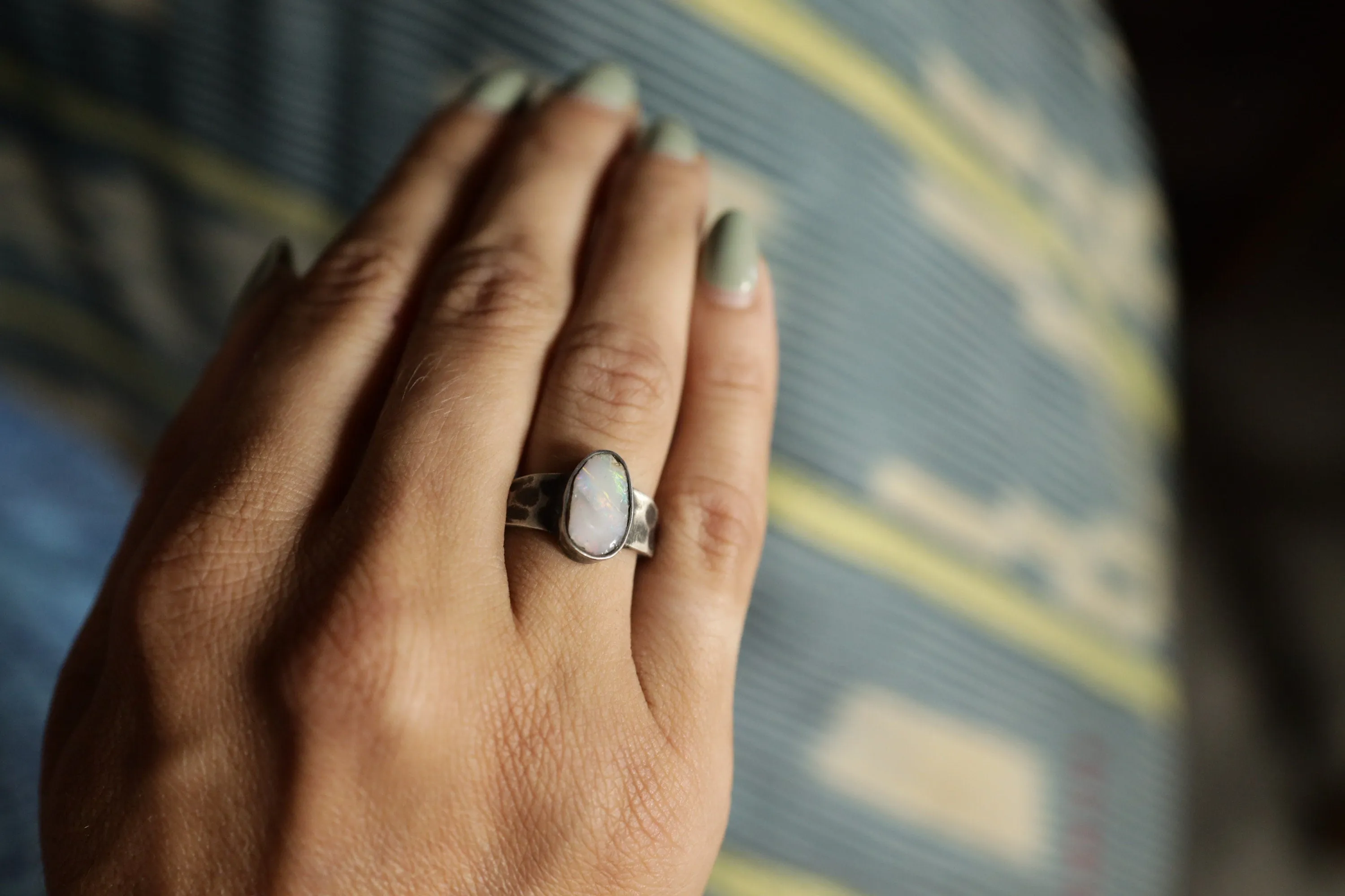 Enchanted Spectrum: Sterling Silver Ring with Australian Lightning Ridge Gem Opal - Textured & Oxidised - Size 7 - NO/01