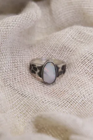 Enchanted Spectrum: Sterling Silver Ring with Australian Lightning Ridge Gem Opal - Textured & Oxidised - Size 7 - NO/01