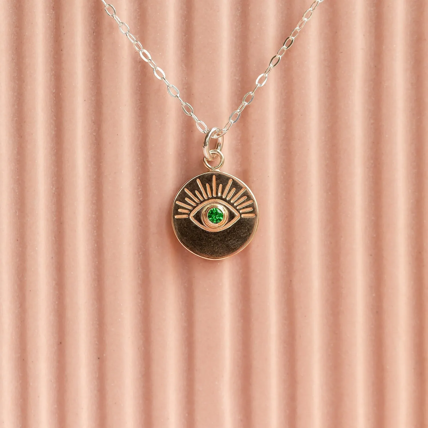 Eye & Tsavorite Solid Gold Amulet Necklace
