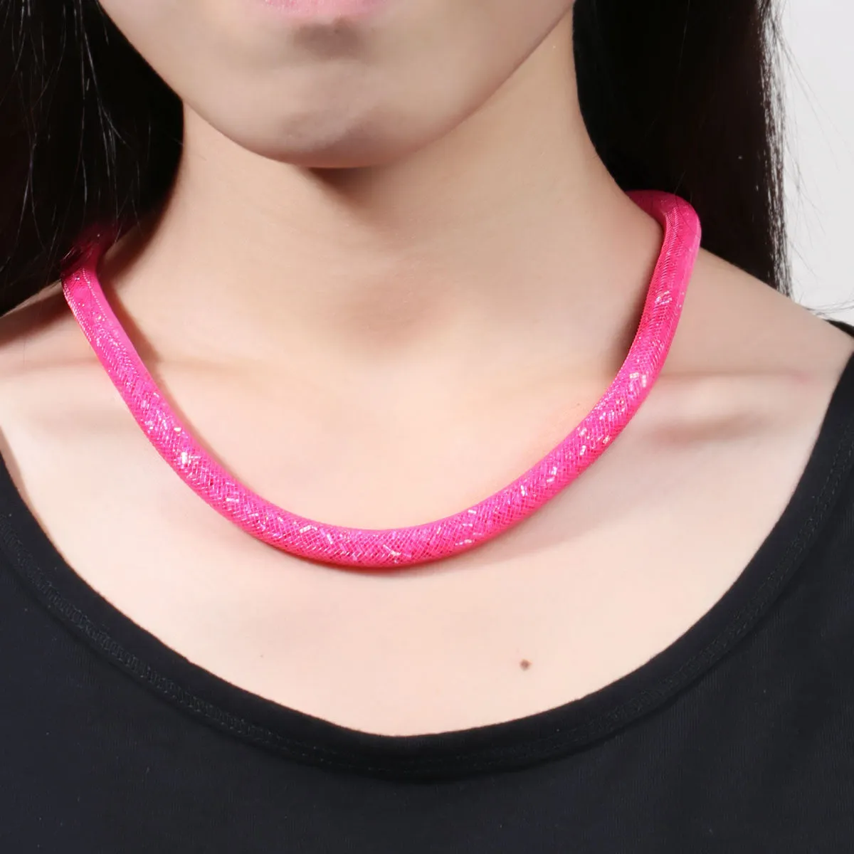 Fuchsia Shiny Rhinestone Crystal Star Glitter Mesh Magnetic Necklace