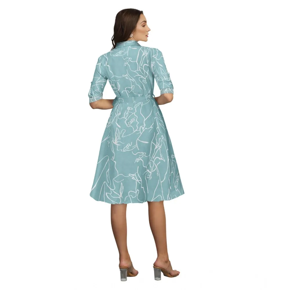 Generic Women's Ruby Cotton Printed Shirt Collar 3-4th Sleeve Dress (Pista)