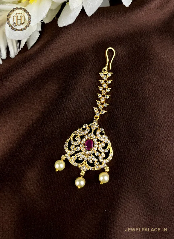 Gold Plated Kemp Stone Embellished Floral Design Maang Tika JH2537
