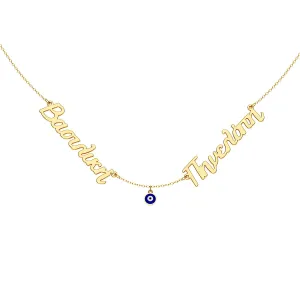 Greek Personalized 2 Name Necklace With Round Enamel Evil Eye