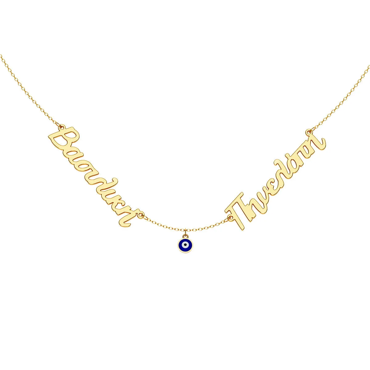 Greek Personalized 2 Name Necklace With Round Enamel Evil Eye
