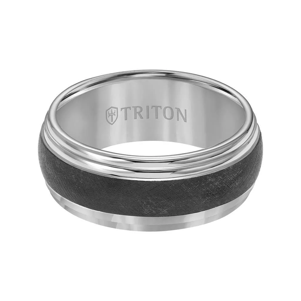 KILBY Black and White Domed Double Step Edge Tungsten Carbide Comfort Fit Wedding Band with Florentine Finish by Triton Rings - 9 mm