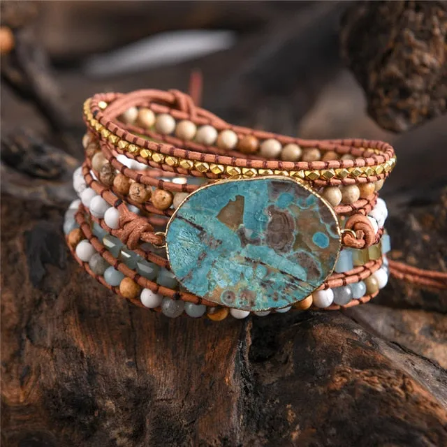 Leather Wrap Ocean Stone Beaded Bracelet