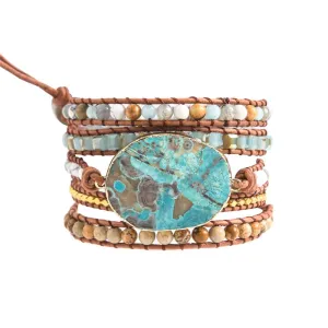 Leather Wrap Ocean Stone Beaded Bracelet