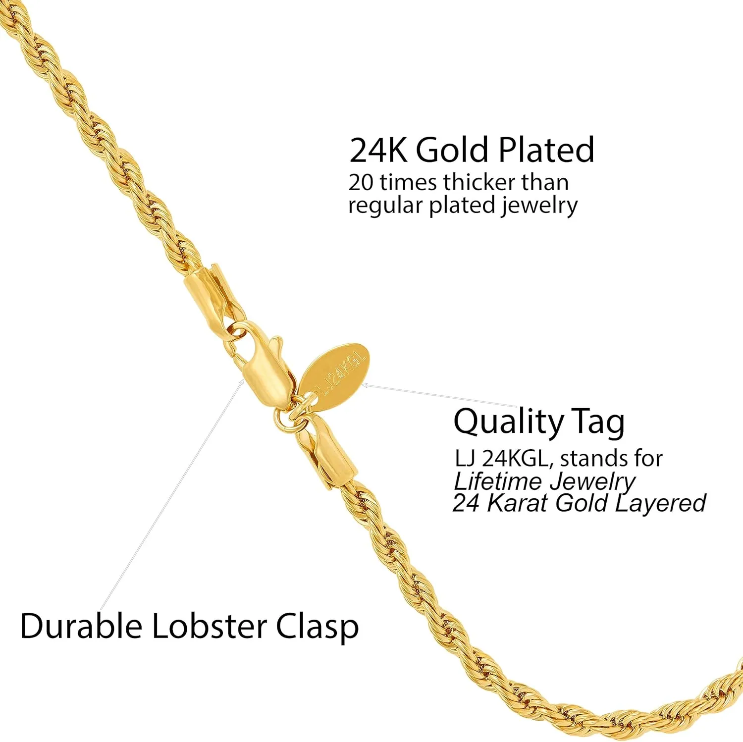 LIFETIME JEWELRY Womens Gold Anklet 4mm Rope Chain Ankle Bracelet 24k Real Gold Plated