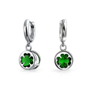 Luck of the Irish Shamrock Green CZ Clover Dangle Earrings Sterling Silver Leverback