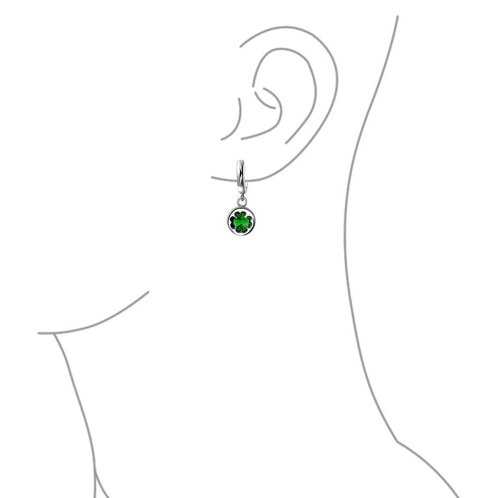Luck of the Irish Shamrock Green CZ Clover Dangle Earrings Sterling Silver Leverback