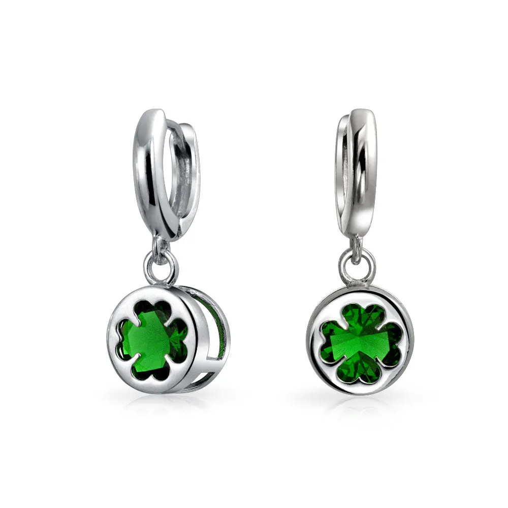 Luck of the Irish Shamrock Green CZ Clover Dangle Earrings Sterling Silver Leverback