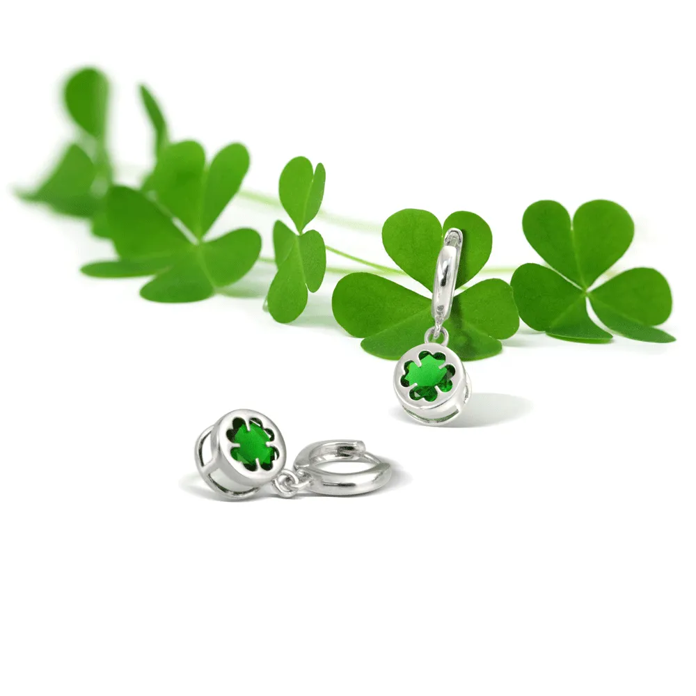 Luck of the Irish Shamrock Green CZ Clover Dangle Earrings Sterling Silver Leverback