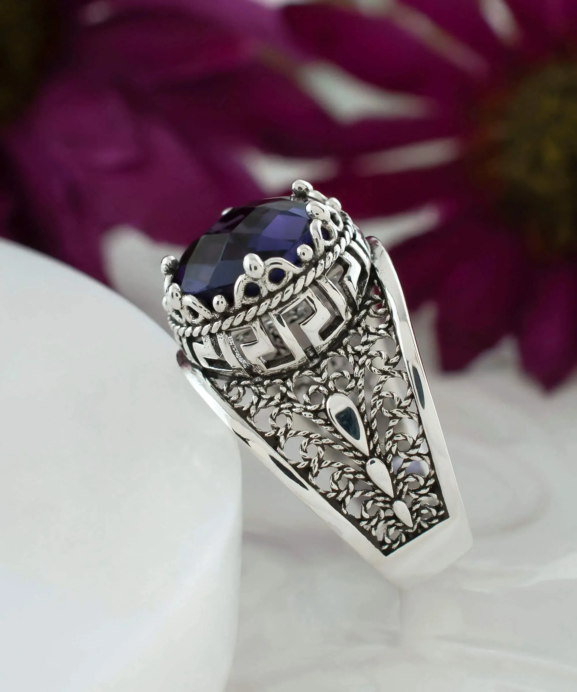 Meander Pattern Filigree Art Amethyst Gemstone Women Silver Cocktail Ring