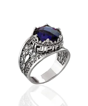 Meander Pattern Filigree Art Amethyst Gemstone Women Silver Cocktail Ring