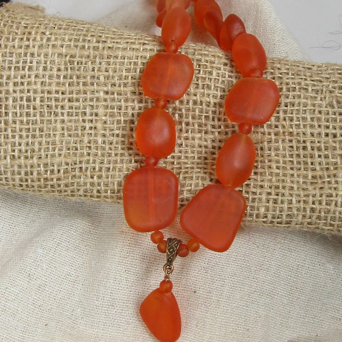 Orange Sea Glass Bead Pendant  Necklace