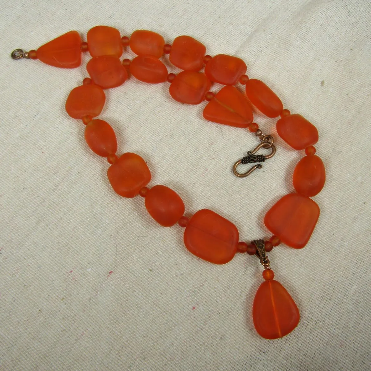 Orange Sea Glass Bead Pendant  Necklace