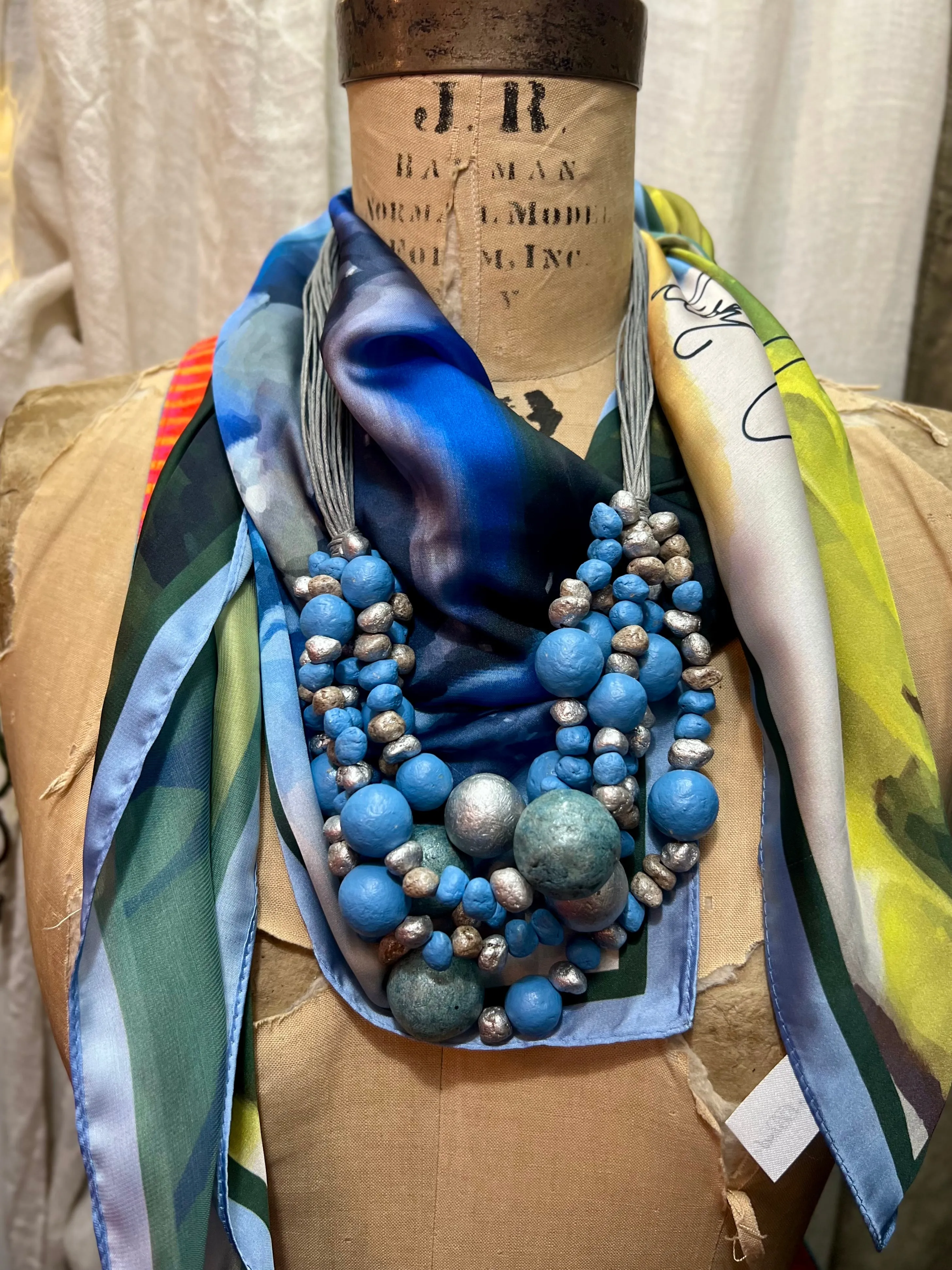 Paper Mache Artdeco Necklace-Aztec Blue