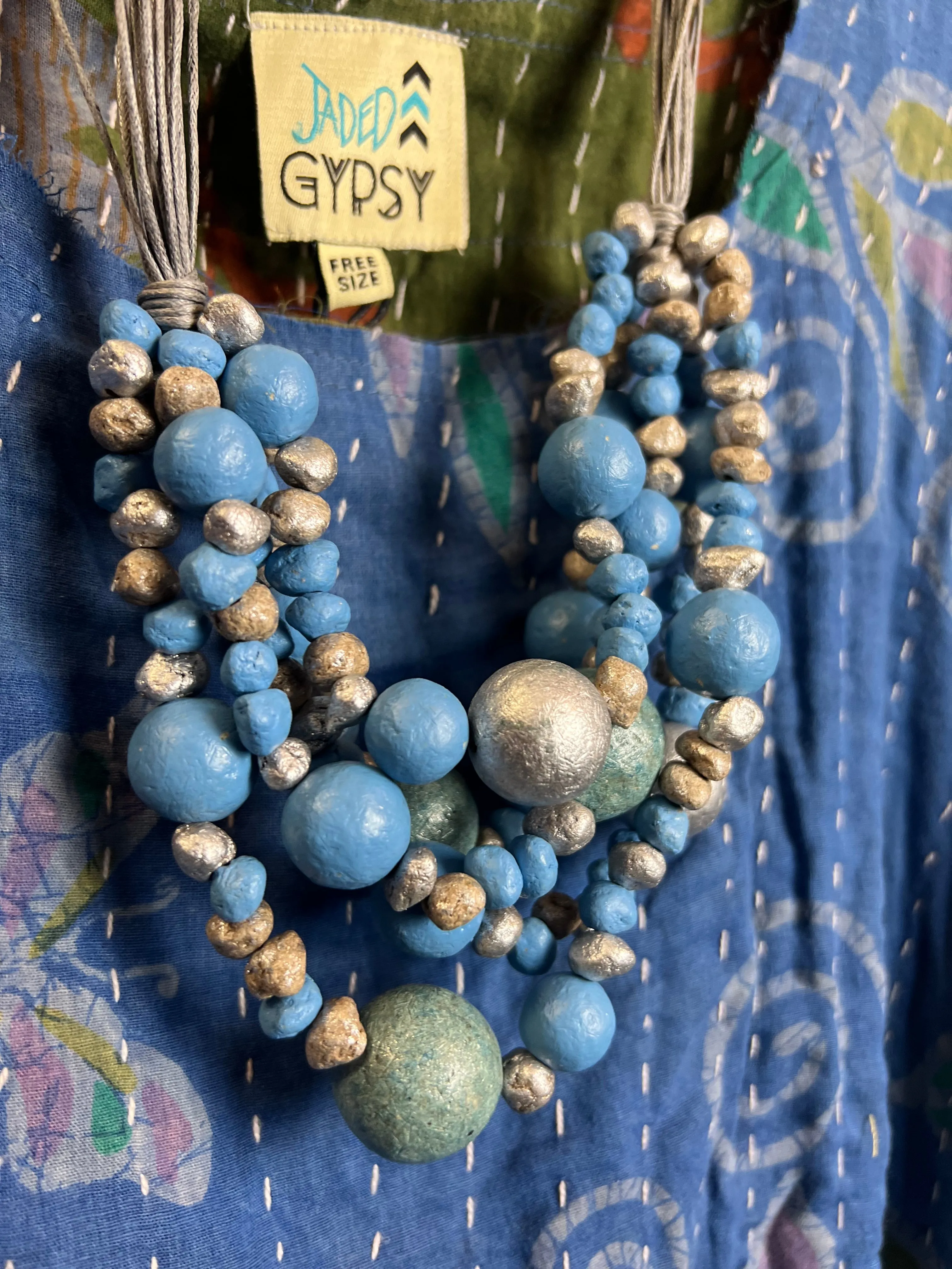 Paper Mache Artdeco Necklace-Aztec Blue