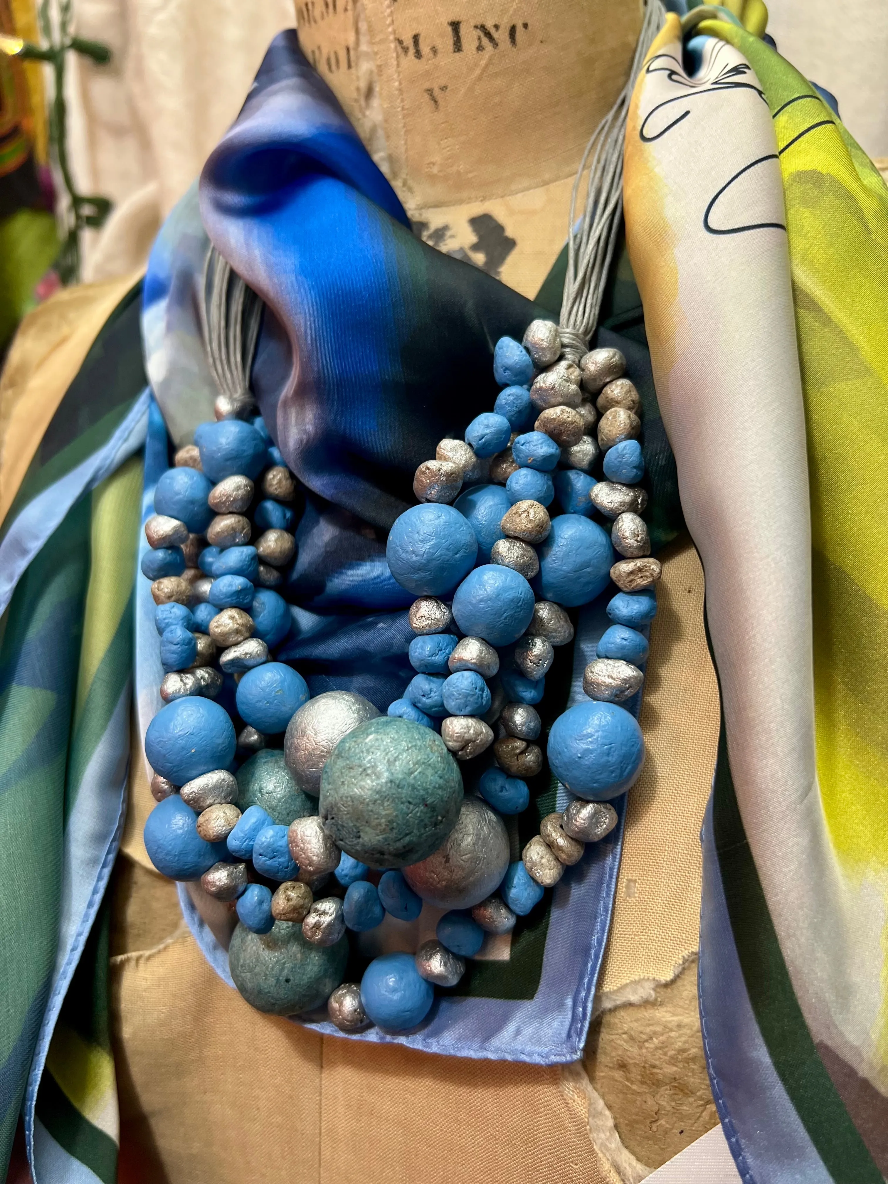 Paper Mache Artdeco Necklace-Aztec Blue