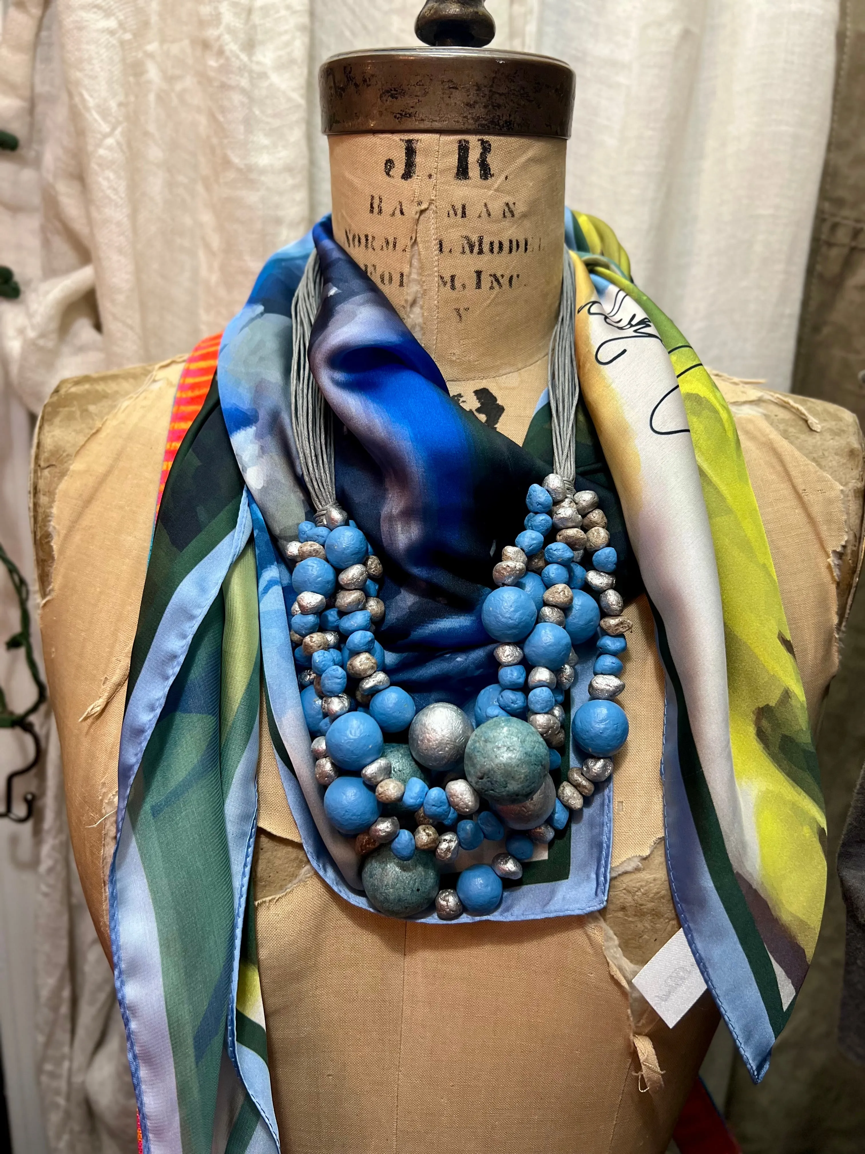 Paper Mache Artdeco Necklace-Aztec Blue