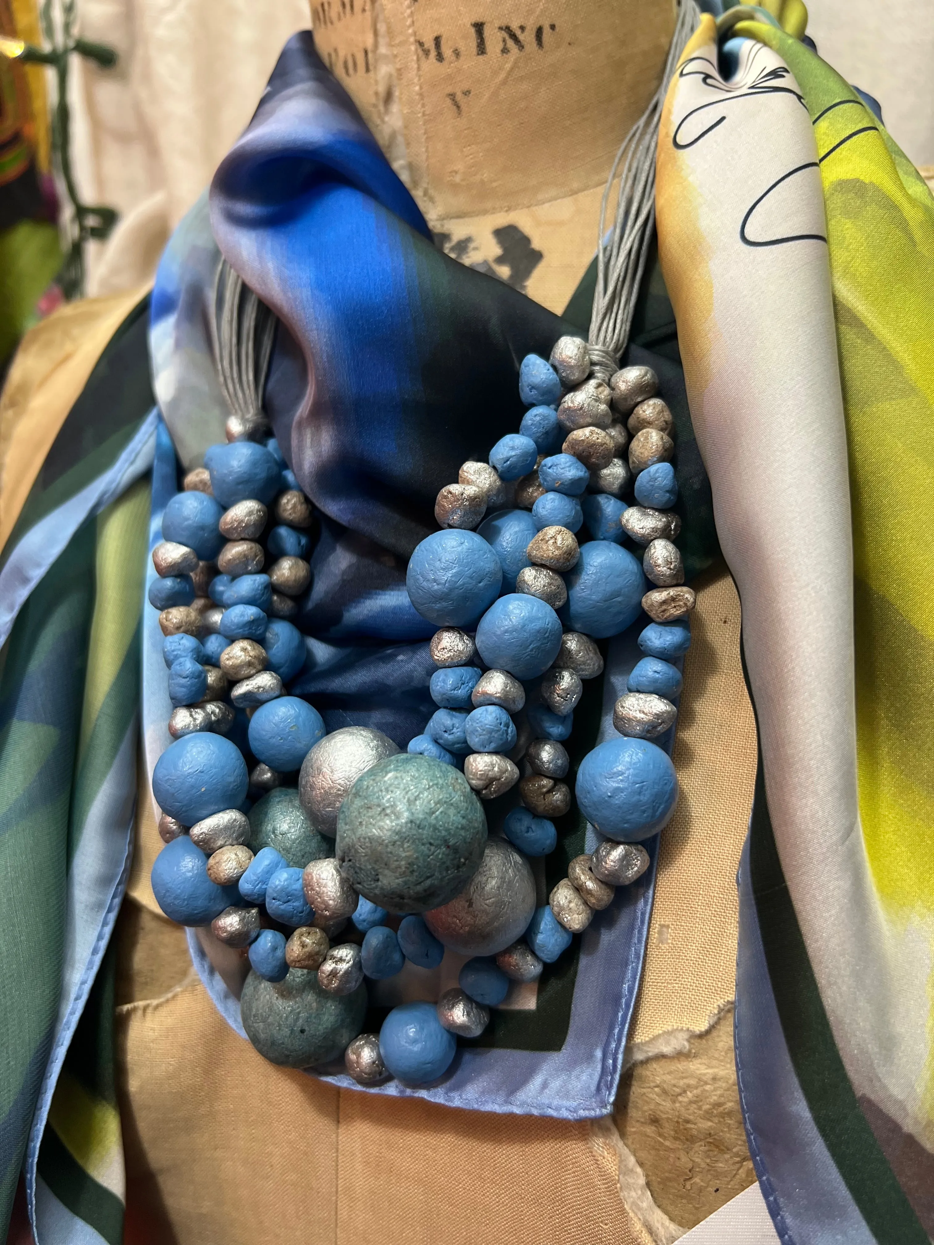 Paper Mache Artdeco Necklace-Aztec Blue