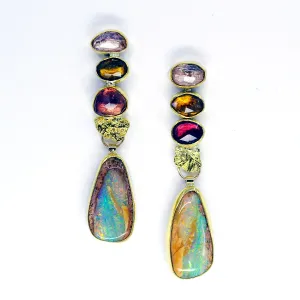 Petrified Wood Opal Earrings Sapphire, Mahenge Spinel, Natural Topaz 22k 18k