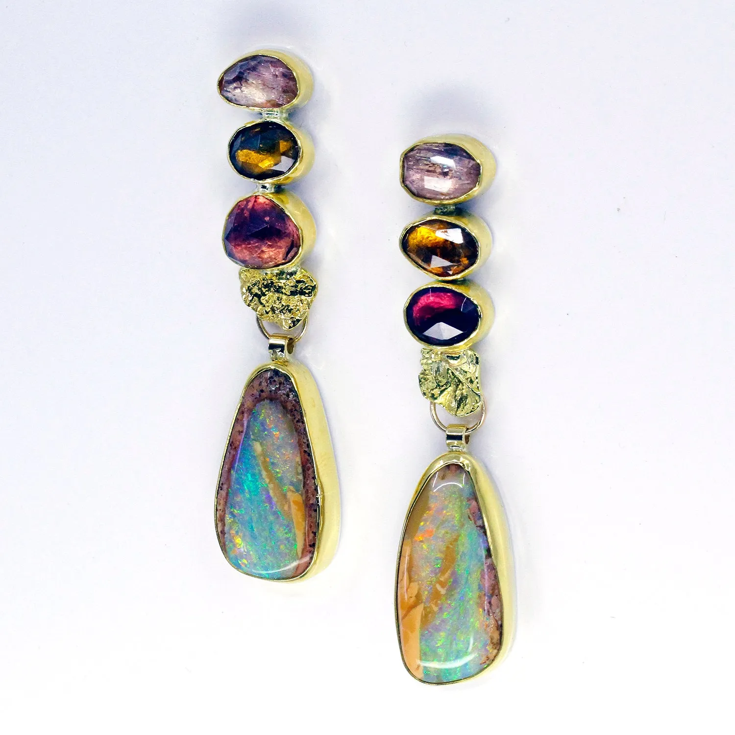 Petrified Wood Opal Earrings Sapphire, Mahenge Spinel, Natural Topaz 22k 18k