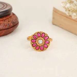 Pink Floral Kundan Ring