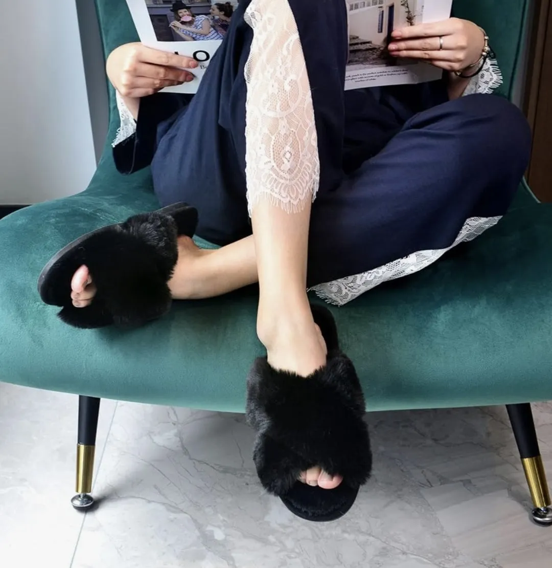 Plush Cross Band Slippers